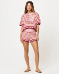 Shorts de plage taille haute en maille crochet avec ourlet festonné et cordon de serrage rose