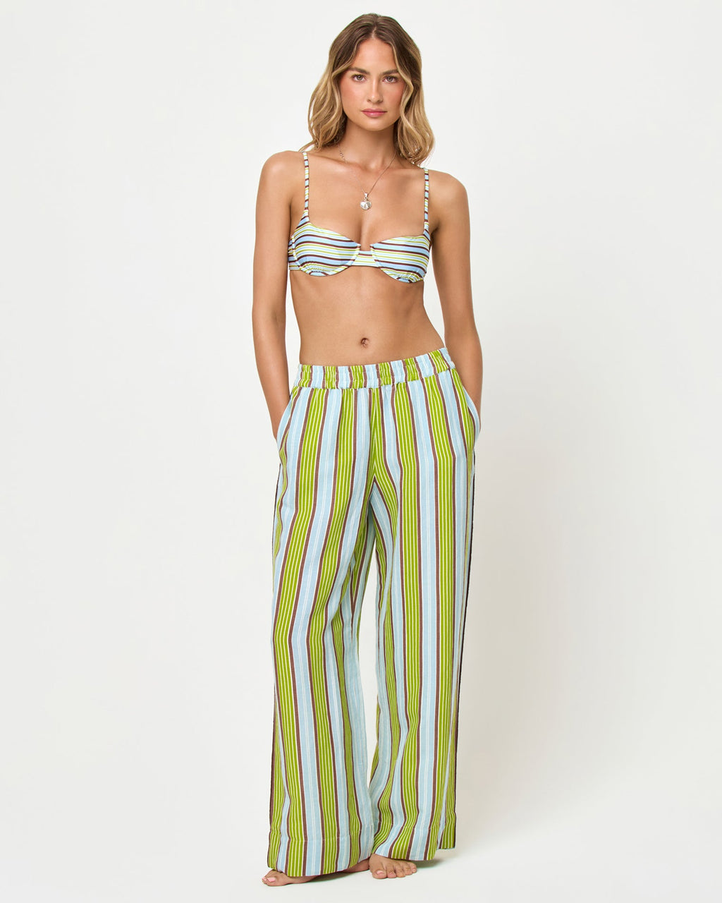 Pantalon de plage large rayé en lin mélangé à enfiler avec poches