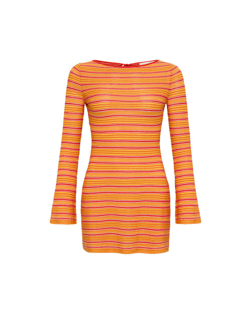 Robe Mini Moulante à Manches Longues à Rayures Piment