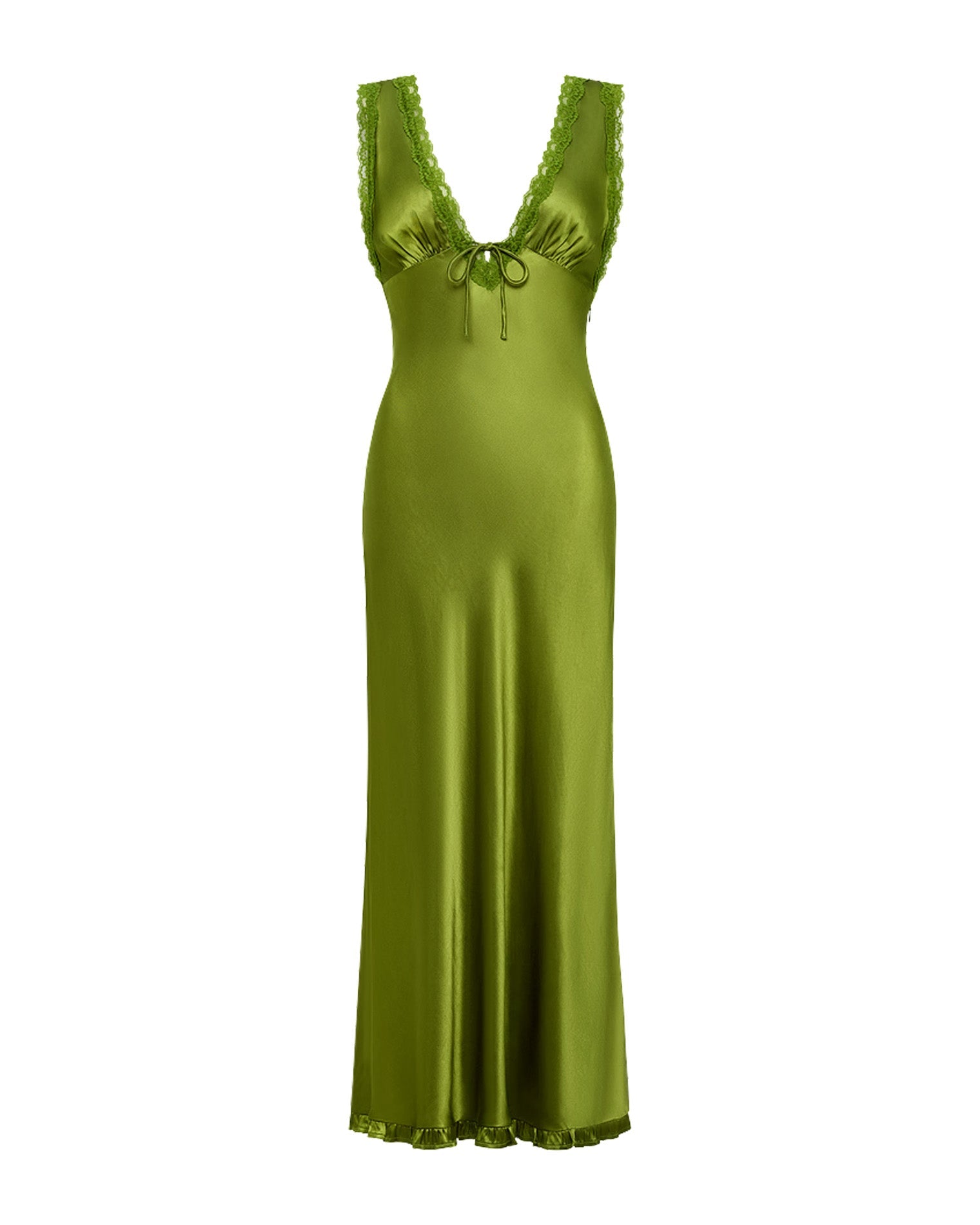 Robe longue en satin vert émeraude avec décolleté plongeant et bordure en dentelle