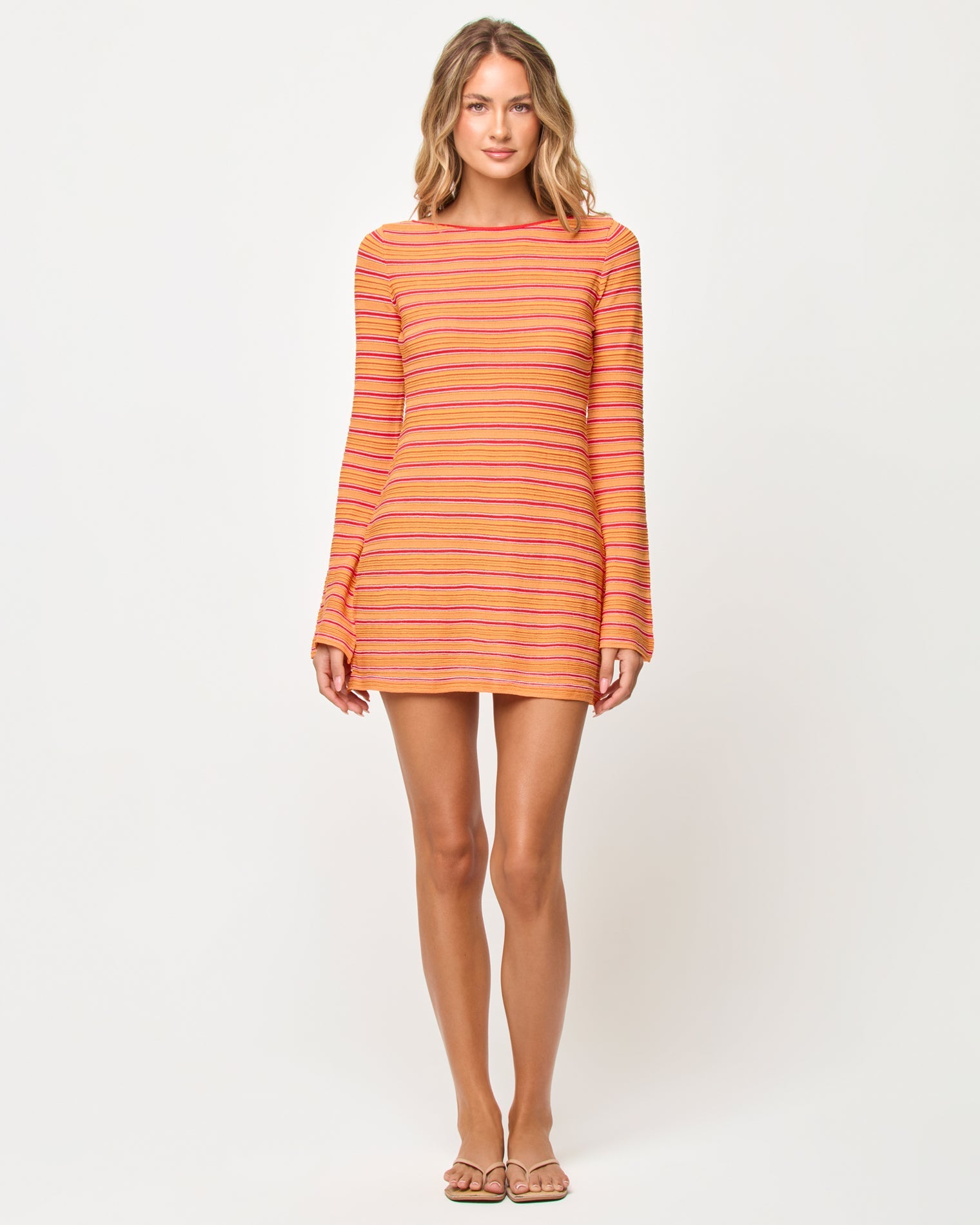Robe Mini Moulante à Manches Longues à Rayures Piment