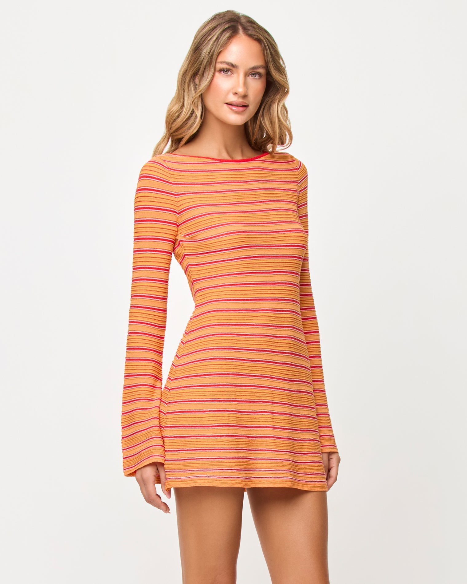 Robe Mini Moulante à Manches Longues à Rayures Piment