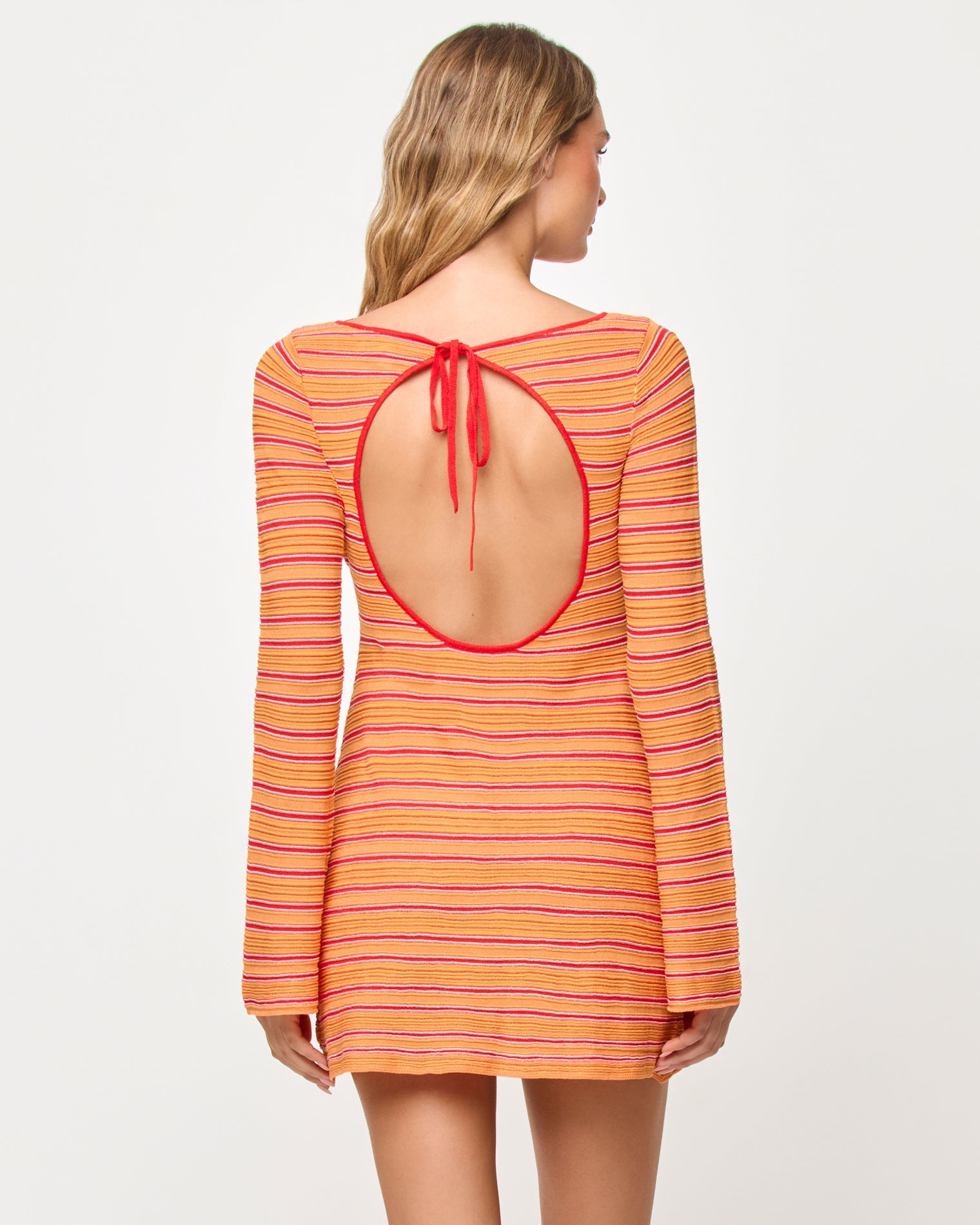 Robe Mini Moulante à Manches Longues à Rayures Piment