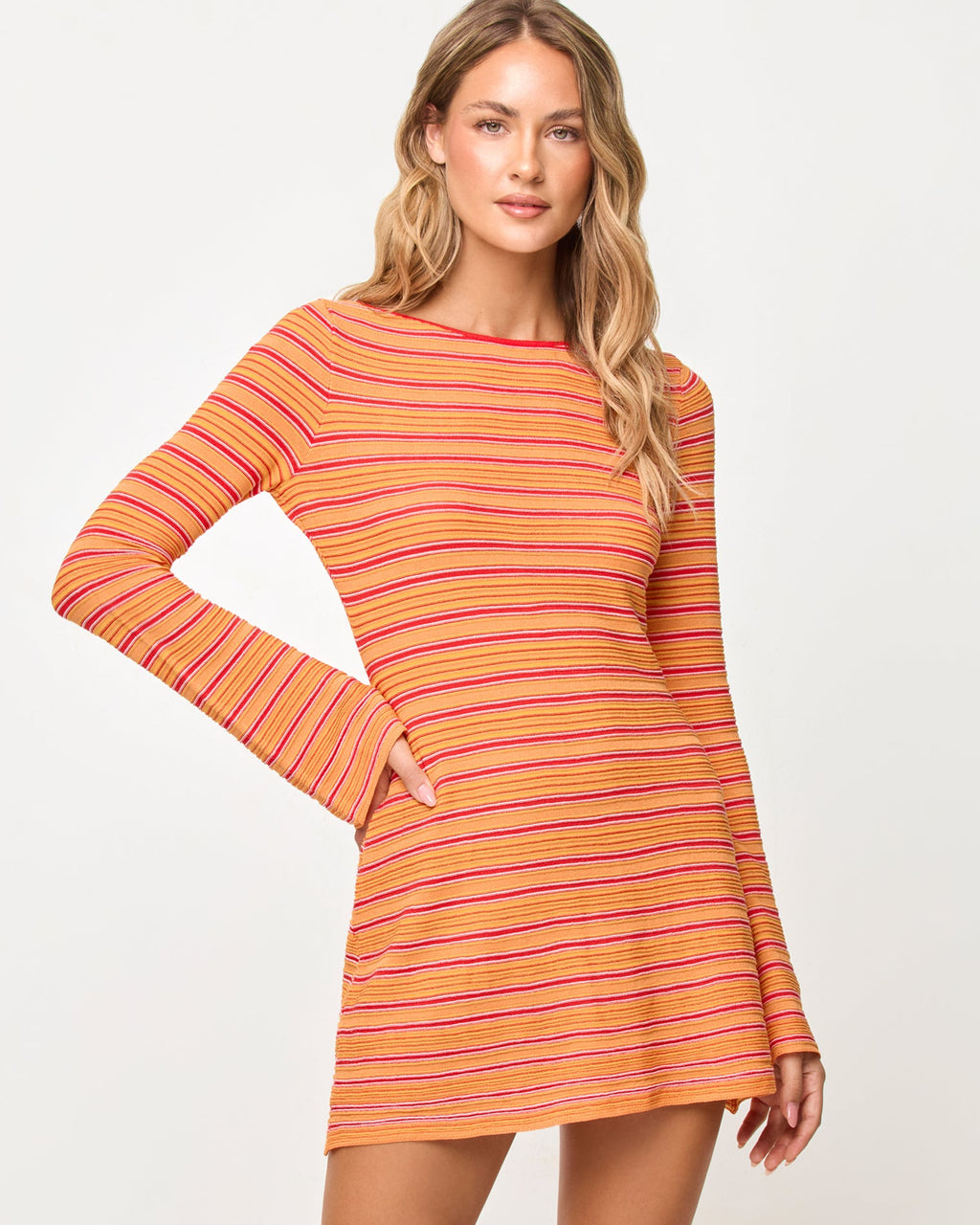 Robe Mini Moulante à Manches Longues à Rayures Piment