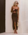 Robe midi bustier à découpes et fente avant longueur cheville Espresso